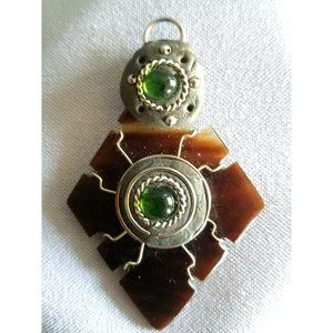 Vintage Mexican Style horn w/silver wire pendant Green glass Cabochons handmade